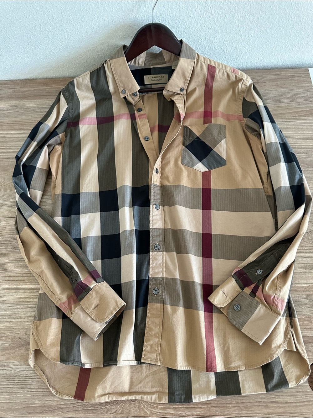 Burberry Beige Plaid Button-Down Shirt with Black & Olive Accents